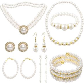 19 Pcs Pearl Necklace Earrings Set for Women Girls 1920s Faux Pearl Necklace Simulated Pearl Bracelet Costume Jewelry Pearls Accessories for Gift Wedding