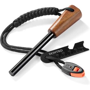 Survival Fire Starter - Handmade Wooden Handle 3/8" Thick Ferro Rod with Striker and Umbrella Rope Waterproof Iron Rod Flint and Steel Fire Starter Kit