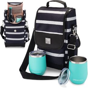 Savvy Outdoors Wine Tote Bag with Stemless Wine Glasses - Bottle Wine Bag with 2 Premium Insulated Wine Cups & Exterior Storage Pouch - Foldable Wine Carrier and Portable Wine Cooler Bags