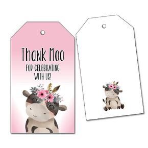 25 Pink Cow Thank You Moo Tags for Girl Birthday Party or Baby Shower Favors