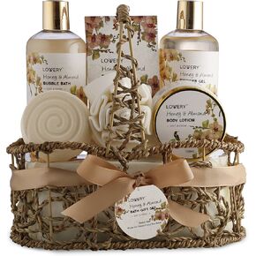 Gift Baskets for Women, Home Spa Honey & Almond Scent - Luxury Bath & Body Set For Women and Men With Shower Gel, Bubble Bath, Body Lotion, Bath Salt, Bath Bomb, Bath Puff & Handmade Weaved Basket