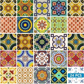 Tile Stickers 24 PC Set Traditional Talavera Tiles Stickers Bathroom & Kitchen Tile Decals Easy to Apply Just Peel & Stick Home Decor 6x6 Inch (Kitchen Tiles Stickers C1)