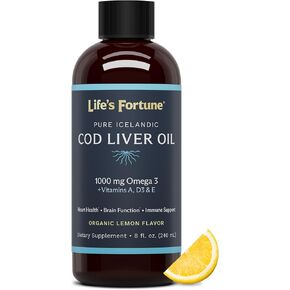 Life's Fortune Cod Liver Oil Liquid Organic Lemon Flavor (8 Oz) 1,000 mg Omega + Vitamin A, E & D3 - Supports Immune Health - 100% Fish Oil Supplement from Wild Ocean Cod-GMO Free