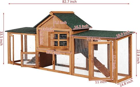 82in Wooden Rabbit Hutch, Outdoor Chicken Coop, Bunny Hutch Guinea Pig Pet House Bunny Cage with Double Side Runs, Weatherproof Roof, Removable Tray, Ramps for Small Animals in Saudi Arabia