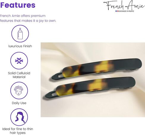 French Amie Rounded Oblong Small 2.5" Cellulose No Metal Set of 2 French Hair Slides Clips for Women Tige Boule Clasp Handmade Girls Side Slide-in Barrette Clip Paris Hair Accessories for Women Strong Hold No Slip Grip Fashion Durable and Styling, Made in in Saudi Arabia