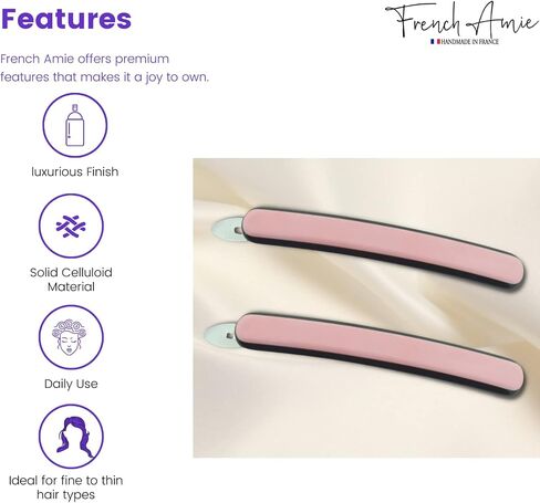 French Amie Rounded Oblong Small 2.5" Cellulose No Metal Set of 2 French Hair Slides Clips for Women Tige Boule Clasp Handmade Girls Side Slide-in Barrette Clip Paris Hair Accessories for Women Strong Hold No Slip Grip Fashion Durable and Styling, Made in in Saudi Arabia