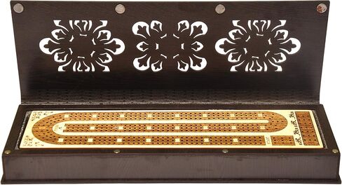 PALM ROYAL HANDICRAFTS 3 Track Continuous Wooden Cribbage Board of (120 House) Inlaid in Teak and Maple Wood Stylish Storage Box Available in Saudi Arabia