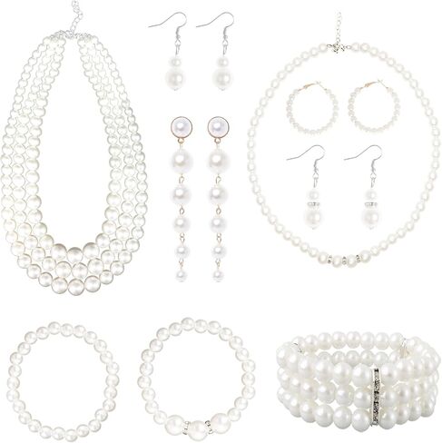 19 Pcs Pearl Necklace Earrings Set for Women Girls 1920s Faux Pearl Necklace Simulated Pearl Bracelet Costume Jewelry Pearls Accessories for Gift Wedding in Saudi Arabia