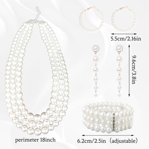 19 Pcs Pearl Necklace Earrings Set for Women Girls 1920s Faux Pearl Necklace Simulated Pearl Bracelet Costume Jewelry Pearls Accessories for Gift Wedding in Saudi Arabia