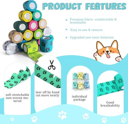16 لفة ذاتية اللصق ضمادة التفاف لا مضغ التفاف الطبيب البيطري للكلاب المر متماسكة الكلب مخلب ضمادة للكلاب العناية بالجروح القدم يغطي الإسعافات الأولية الشريط البيطري للحيوانات الاليفة القط الطيور in Kuwait