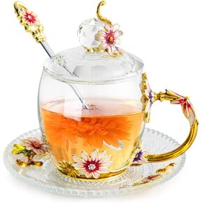Vintage Glass Tea Cup and Saucer Set with Lid and Spoon, Enamel Daisy Flower Coffee Mug with Decorative Handle, Elegant Tea Sets for Women, 330ml/11oz