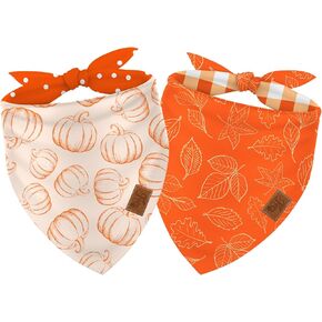 2Pcs Fall Reversible Dog Bandana Pumpkin Polka Dot Autumn Leaves Gingham Triangle Pet Scarf Orange Adjustable Pet Neckerchief Dog Bibs for Dog Cat Costume Accessories