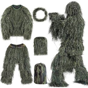 5 in 1 Ghillie Suit,3D Camouflage Hunting Apparel Including Jacket,Pants,Hood,Carry Bag Suitable for Unisex Kids Adults Youth