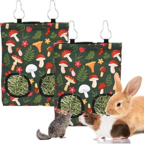 2Pcs Rabbit Hay Feeder Bag with 2 Holes 11.5 x 9 Inch Mushroom Guinea Pig Hanging Hay Feeding Bag Storage Dispenser for Chinchilla Hamster Bunny Small Animal Pet