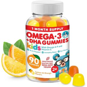 Omega 3 Gummies for Kids & Toddlers with Omega 6 & 9 (90 Count) DHA Children Brain Supplement for Heart and Vision Support – No Fish Oil and Gluten Free Immune Health Plant Based Fiber Chewable