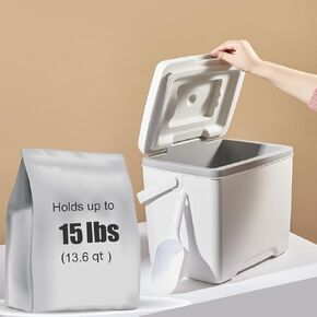 Large Capacity Thicken Food Storage Container with Scoop - Ideal for Pet Food, Rice, and More - Holds up to 15lbs/13.6Qt(White)