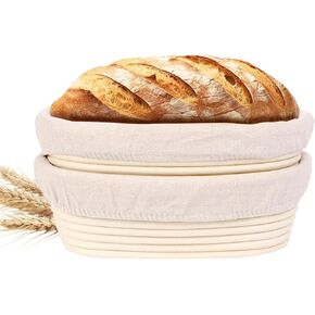 Banneton Bread Prep Basket- 2 Pcs 10 inch Oval Leavened Bread Proofing Basket Prep Bowl, Handmade Rattan Basket with Liner, Suitable for Home Artisan Sourdough Bread Baking Kit in Kuwait