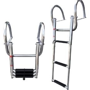 Hoffen 4 Step Pontoon Boat Ladder, Stainless Steel Telescoping Folding Inboard Ladder Rear Entry Heavy Duty Custom Swim Deck Ladder with Pedal and Safe Handrails