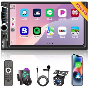 Wireless Apple Carplay 7 inch Double Din Car Stereo,IPS Touchscreen,Car Bluetooth 5.2,Car FM Radio,Bakcup Camera,Subwoofer Ports,Car Audio Receiver,Android Auto,Type-C/USB Fast Charging,GPS Navigation