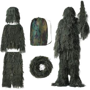 5 in 1 Ghillie Suit, Ghillie Suit for Men, Including Jacket, Pants, Hood Camouflage Strap and Carry Bag, 3D Camouflage Hunting Apparel Suitable for Unisex Adults/Youth