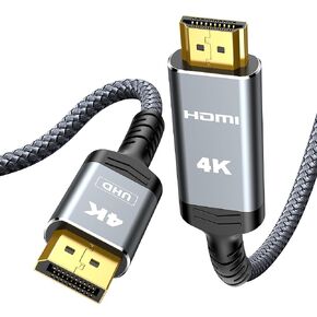 Highwings 4K DisplayPort to HDMI, 6.6ft Uni-Directional DP (Source) to HDMI (Display) 1.4 Cable, 4K@30Hz, 2K@60Hz, 1080P Full HD, Braided Cord for Dell, NVIDIA, AMD, Lenovo, Monitor, Projector (Grey)