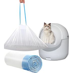 40 Count Cat Drawstring Litter Box Liners 26.6x16.7 inches 2Mils Super Thick White Cat Litter Waste Bags Poop Bags for Self-Cleaning Litter Box Cat Litter Pan Trays(Green Drawstring 40 count)
