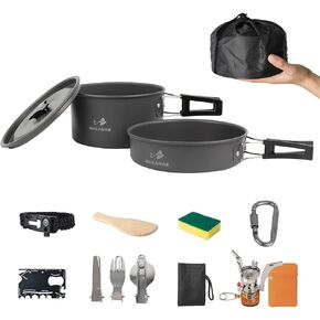 Camping Cookware Mess Kit, 13 pcs Backpacking Cookware Set, Lightweight Camping Pots and Stove Set for 1-2 Person, Outdoor Cooking Gear Ideal for Camping, Hiking, Backpacking and Picnic
