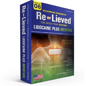 Re-Lieved 4% Lidocaine & 1% Menthol Pain Relief Patches - Maximum Strength Medicated Patches for Joint & Muscle Pain - Stick-on Fast-Acting Pain Relief - Aluminum-Free, USA Made Pain Patches - 6 Count
