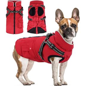 Dog Winter Coat with Harness | Dog Jacket Waterproof with Zipper and Fleece | Warm Dog Coat with Reflective for Small Dogs（Red）