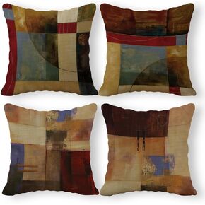 Vintage Geometric Decor Linen Throw Pillow Case, 18 x 18 Inch Set of 4, New Living Room Decor, Housewarming Gift, Modern Decor, Mid-Century Modern Style Cushion Cover for Sofa Couch Bed