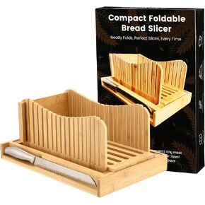 Bamboo Bread Slicer for Homemade Bread, Precision Bread Slicer with Adjustable Thickness Settings - Premium Quality | Bread Cutter for Homemade Bread | Foldable Bread Slicer with Crumb Catcher Tray