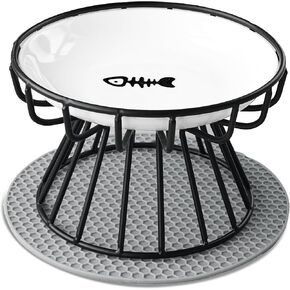 Raised Cat Bowl, Ceramic Cat Dish with Metal Stand, Whisker Fatigue Elevated Pet Water and Food Feeding Station for Indoor Cats, Puppies and Small Dogs, Dishwasher Safe