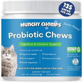 Probiotic Chews for Cats - Digestive & Immune Support with Prebiotics, Postbiotics & Enzymes - Promotes Gut Balance & Bowel Regularity (Bacon)