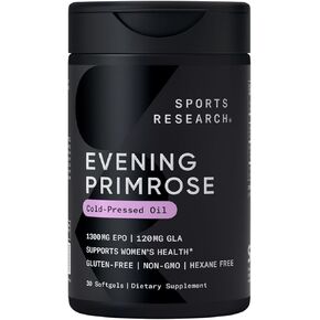 Sports Research Evening Primrose Supplement from Cold Pressed Oil - Softgels for Women’s Health & Skin Health - Gluten Free & Non-GMO GLA - High Potency 1300mg, 30 Count
