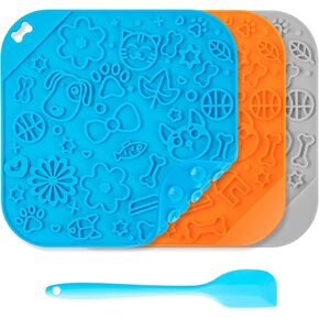 8 Inch Dog Feeding Mats Square Pet Slow Feeders Anti Gulping Healthy Eating, Silicone Bowls Design for Small Medium Size Dogs and Cats (OrangeBlueGrey1)