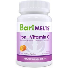BariMelts Iron with Vitamin C, Dissolvable Bariatric Vitamins for WLS Patients Including Gastric Bypass and Sleeve Gastrectomy, Natural Orange Flavor - 90 Fast Melting Tablets
