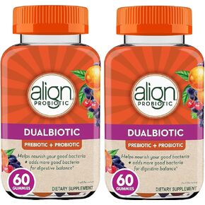 Align DualBiotic, Prebiotic + Probiotic for Women and Men, Help Nourish and Add Good Bacteria for Digestive Support, Natural Fruit Flavors, 60 Gummies