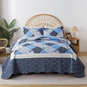 HoneiLife Quilt Set Queen Size - 3 Piece Microfiber Quilts Reversible Bedspreads Patchwork Coverlets Floral Bedding Set All Season Quilts with Blue and White Porcelain Pattern,Queen Size