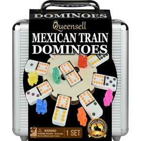 Queensell Mexican Train Dominoes Set for Adults Tile Board Game - Dominos Set for Classic Board Games - Double 12 Dominoes Set for Family Games - Domino Set 91 Tiles with Aluminum Case