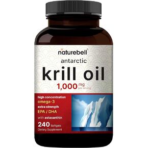 Antarctic Krill Oil 2000mg Supplement, 240 Softgels, 3X Strength Natural Source of Omega-3s, EPA 240mg + DHA 160mg + Astaxanthin 800mcg – No Fishy Aftertaste – Mercury Free & Non-GMO