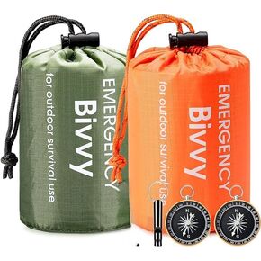 Ninth C 2 PCS Emergency Sleeping Bag, Polyester Film Bivy Sack Survival Bag with Compass and 1 Black Whistle for Earthquakes,Hurricane,Hiking,Camping