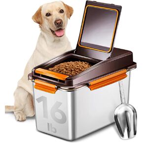 Dog Food Storage Container Stainless Steel with Scoop, 16lb/7.4kg Airtight Pet Metal Food Storage Bin, Cat Food Container for Dry Dog Food, Cat Food, Bird Seed, Keep Food Fresh, Brown