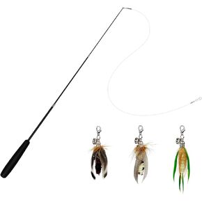 Cat Feather Wand Toys,Retractable Wand Toy with 3 Simulation Insects Refills, Transparent Carbon Wire,Interactive Cat Toy Kitten Toy for Indoor Cats to Play Chase Exercis
