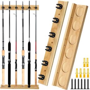 Wall Mounted Fishing Rod Holder Wooden Vertical Fishing Rod Rack Fishing Pole Holders for Garage Holds up to 6 Rods Fishing Gear Storage Organizer Gifts for Dad Grandpa(Bamboo Wood Color)
