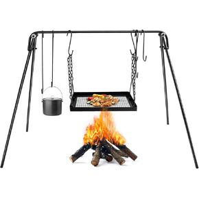Campfire Swing Cooking Grill Stand, Portable Hanging Cooking Rack with Collapsible Legs Adjustable Grill Grate and Hooks for Outdoor BBQ Picnic Cookware Party