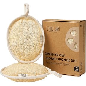 Chill Ah Green Glow All Natural Exfoliator Dual Sided Loofah Bath Sponge Set – 100% Plant-Based, dye-Free, Biodegradable, Scratch-Free, Handcrafted in Vietnam (2-Pack)