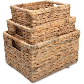 Wicker Baskets for Storage Organizing, Water Hyacinth Storage Baskets Rectangular with Wooden Handles for Shelves, Natural Wicker Storage Basket Bins - Set of Wicker Baskets for Home Organization