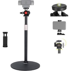 Webcam Stand for Desk w/Phone Mount, 360° Ballhead, 1/4" Thread Compatible with Logitech BRIO C920, Height Adjustable Heavy Base Desktop Webcam Holder for Tiktok/YouTube Live Stream, DS012