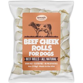 Benefit Pet Products Beef Cheek Rolls for Dogs - Natural Long Lasting Dog Chews, 5 to 6 Inch, Safe & Odor Free, Medium Dog Bone - 4 Pack