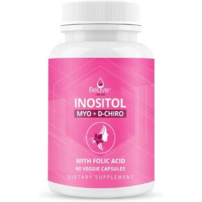 BeLive Myo-Inositol & D-Chiro Inositol Capsules - 90Ct I Inositol Supplement with Folic Acid for PCOS, Reproductive Health & Hormonal Balance, Fertility Supplements for Woman, Optimal 40:1 Ratio